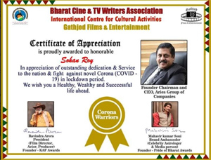 കോവിഡ് പോരാട്ടത്തിന് ആദരവായി സോഹൻ റോയിക്ക് ഭാരത് സിനി റൈറ്റേഴ്സിന്റെ ''കൊറോണ വാരിയർ'' പദവി