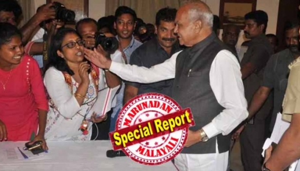 പെണ്ണു കേസിൽ പെട്ടതിന്റെ ക്ഷീണം തീർക്കാൻ പത്രസമ്മേളനം വിളിച്ചു പെണ്ണു കേസിൽ കുടുങ്ങിയതിന്റെ ക്ഷീണം മാറാതെ തമിഴ്നാട് ഗവർണർ; 'ദ വീക്ക്' ലേഖികയുടെ കവിളിൽ തൊട്ട ബൻവാരിലാലിനെ മാറ്റാൻ കടുത്ത സമ്മർദ്ദം; രാജ്ഭവൻ പെണ്ണുപിടി കേന്ദ്രമാക്കുന്ന ഗവർണർമാർക്കെതിരെ ക്രിമിനൽ കേസെടുക്കാൻ കഴിയാത്തത് വകുപ്പില്ലാത്തതിനാൽ