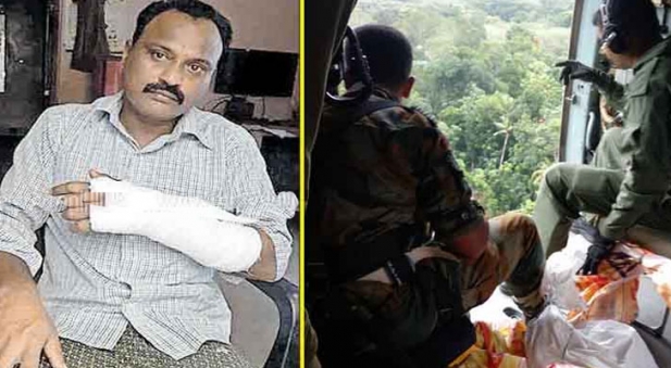 ഹെലികോപ്റ്റർ താഴ്ന്ന് പറന്നതോടെ കാറ്റിൽ താഴേക്കിട്ട ഭക്ഷണപൊതി വീണത് കയ്യിലേക്ക്; ഹെലികോപ്റ്ററിലെത്തിച്ച ഭക്ഷണപൊതി വീണ് കൈയൊടിഞ്ഞത് പത്തനംതിട്ട മങ്ങാരം സ്വദേശി ഷിബുവിന്റെ്; ചികിത്സതേടിയ യുവാവ് തിരികെ ക്യാമ്പിലെത്തി