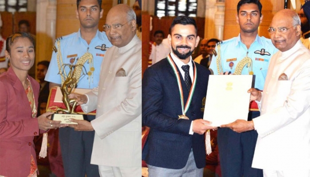 കായിക പ്രതിഭകൾക്ക് രാജ്യത്തിന്റെ ആദരം;ദേശീയ കായിക പുരസ്കാരങ്ങൾ രാഷ്ട്രപതി റാം നാഥ് കോവിന്ദ് വിതരണം ചെയ്തു; ഖേൽ രത്ന അവാർഡ് സ്വീകരിച്ച് വിരാട് കോഹ്ലിയും മീരാഭായ് ചാനുവും ; മലയാളത്തിന്റെ യശസ്സുയർത്തി ബോബി അലോഷ്യസും ജിൻസൺ ജോൺസണും