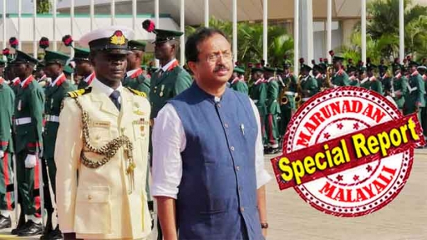 ദേ ഇതു കണ്ടോ.... കറുത്ത വർഗ്ഗക്കാരായ പട്ടാളക്കാരുടെ ഇടയിൽ നെഞ്ച് വരിച്ച് നിൽക്കുന്നത് നമ്മുടെ മുരളീധരനാണ്! ഇന്ത്യൻ വിദേശകാര്യ സഹമന്ത്രി എന്ന നിലയിൽ ആദ്യ വിദേശ സന്ദർശനത്തിന് പോയ വി മുരളീധരന് നൈജീരിയൻ പട്ടാളം ഒരുക്കിയ ഉപചാരപൂർവ്വമായ സ്വീകരണത്തിന്റെ ഫോട്ടോ വൈറൽ; രണ്ടാം മോദി മന്ത്രിസഭയുടെ ആദ്യ സമ്പൂർണ യോഗം മലയാളി മിനിസ്റ്റർക്ക് നഷ്ടമാകുമ്പോൾ