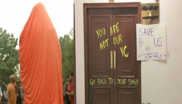 ജെഎൻയു സമരത്തിന്റെ ഭാഗമായി അഡ്മിനിസ്ട്രേറ്റീവ് ബ്ലോക്കിൽ പെയിന്റടിച്ച് പ്രതിഷേധിക്കുന്നതിനിടെ പെയിന്റടിച്ച് വികൃതമാക്കിയത് സ്വാമി വിവേകാനന്ദന്റെ പ്രതിമയിലും; പ്രതിമയെ അപമാനിച്ചെന്നാരോപിച്ച് പ്രതിഷേധവുമായി എബിവിപി; യഥാർത്ഥ പ്രശ്നത്തിൽ നിന്നും ശ്രദ്ധ തിരിക്കാനുള്ള എബിവിപി തന്ത്രമെന്ന് വിദ്യാർത്ഥി യൂണിയൻ