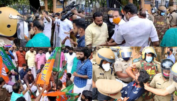 മലപ്പുറത്ത് യുവമോർച്ച മാർച്ചിൽ സംഘർഷം; സംസ്ഥാന സെക്രട്ടറി ശിതുകൃഷ്ണനടക്കം എട്ടുപേർക്ക് ഗുരുതര പരുക്ക്; മന്ത്രി കെ.ടി.ജലീലിന്റെ രാജി ആവശ്യപ്പെട്ട് നടത്തിയ പ്രതിഷേധ മാർച്ചിൽ നേതാക്കളെയും പ്രവർത്തകരെയും തല്ലിച്ചതച്ചെന്ന് ബിജെപി; 26 പേർക്കെതിരെ കേസെടുത്ത് പൊലീസ്