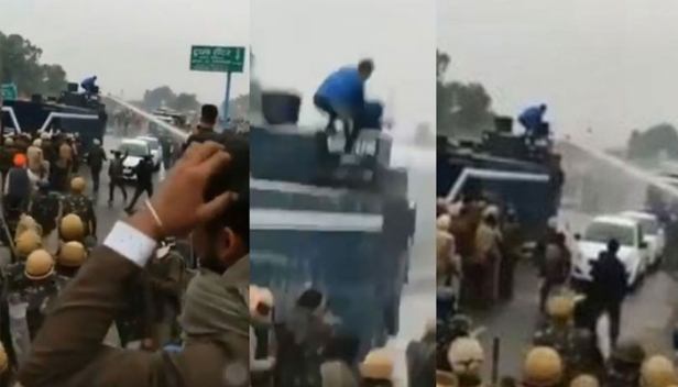ജല പീരങ്കിക്ക് മുകളിൽ കയറി കർഷകർക്ക് നേരെ ചീറ്റിയ പമ്പ് ഓഫ് ചെയ്ത് ബിരുദ വിദ്യാർത്ഥി; കർഷകരുടെ രക്ഷകനായി താരമായി ബിരുദ വിദ്യാർത്ഥി: വീഡിയോ കാണാം