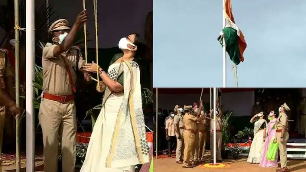 പത്തനംതിട്ടയിൽ മന്ത്രി ഉയർത്തുന്നതിനിടെ പതാക കയറിൽ കുടുങ്ങി; തിരിച്ചിറക്കി വീണ്ടും ഉയർത്തി; തിരിച്ചിറക്കിയ പതാക വീണ്ടും ഉയർത്തിയത് പൊലീസ് ഉദ്യോഗസ്ഥർ; അഭിവാദ്യം ചെയ്ത് മന്ത്രി വീണാ ജോർജ്