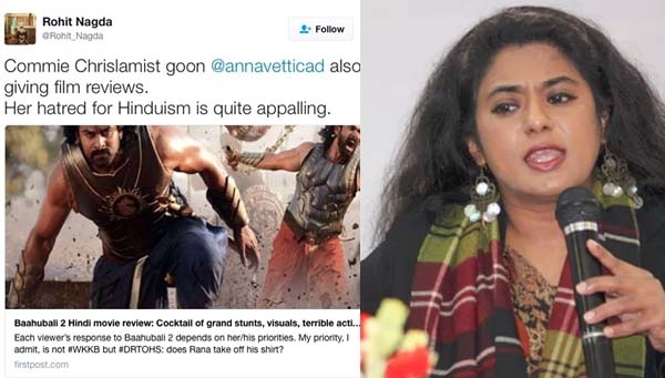 ബാഹുബലി ഹിന്ദു സിനിമ; ശരാശരി പടം മാത്രം; ഫസ്റ്റ്പോസ്റ്റിൽ ബാഹുബലിക്ക് നെഗറ്റീവ് റിവ്യൂ നൽകിയ നിരൂപക അന്ന വെട്ടിക്കാടിന് ഹിന്ദുത്വ ഗ്രൂപ്പുകളുടെ ട്രോൾ ആക്രമണം; ഭീഷണി രൂപത്തിലുള്ള ട്രോളുകൾ പങ്കുവെച്ച് അന്ന